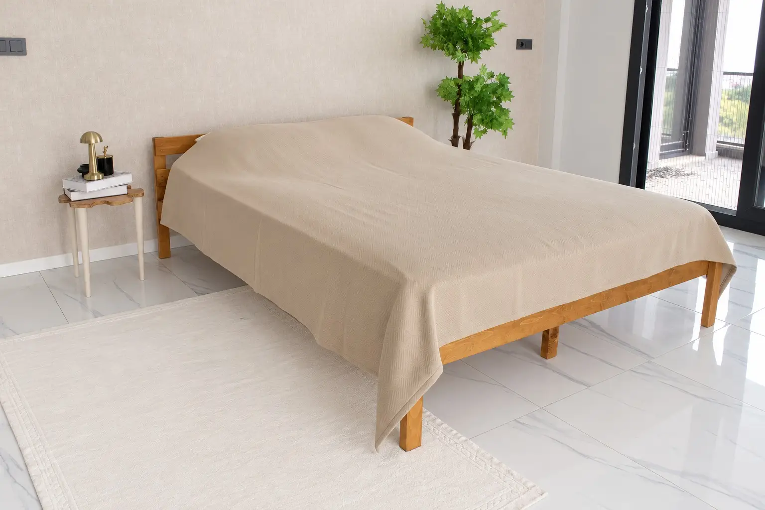 %100 Pamuk Lunara Premium Pike Yatak Örtüsü | Çift Kişilik - Bej